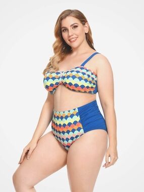 AS ROSE RICH PLUS SIZE MULTI-COLOR SCALLOP PRINT HIGH-WAIST BIKINI SET 1X NWT
